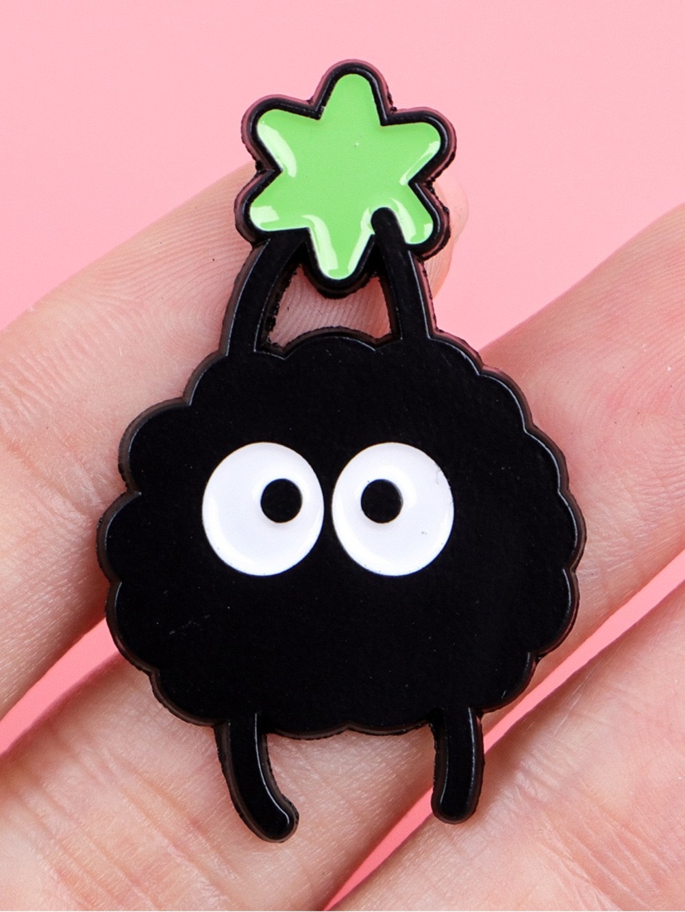 Cute Black Dust Sprite Holding Green Star Enamel Pin